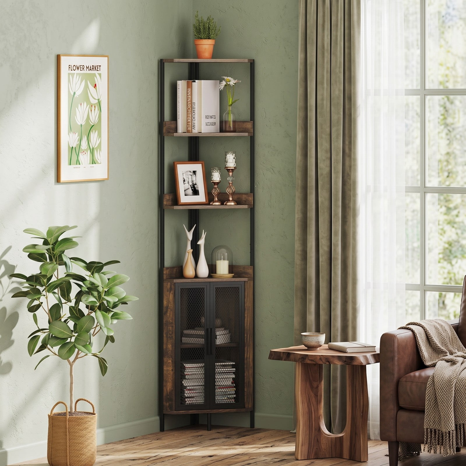 Furnibear 6-Tier Corner Bookshelf 67 Inch Tall Industrial Corner Bookcase with Cabinet Storage Rack Display Shelf for Living Room Bedroom Home Office, Rustic Brown