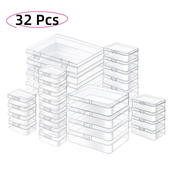 WuPing 32 Pcs Mixed 4 Sizes Rectangular Empty Mini Clear Plastic Organizer Storage Box Containers with Hinged Lids for Small Items and Other Craft Projects