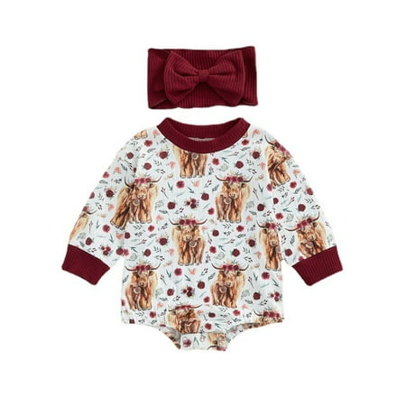 

Paille Newborn Buttons Animal Printed Jumpsuit Loose Travel 2Pcs Set Crew Neck Fall Bodysuit Romper Claret 70cm
