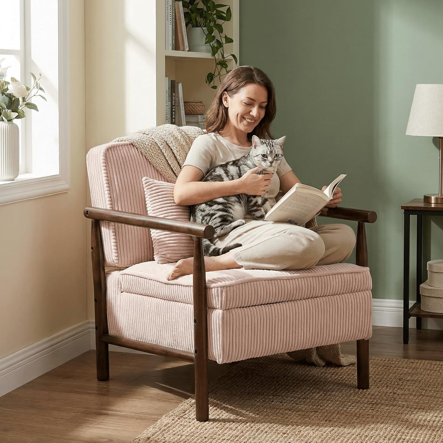MOONMISS Accent Chair with Hidden Storage, Armchair with Solid Wood Frame, Corduroy Fabric Accent Chair for Living Room,Pink