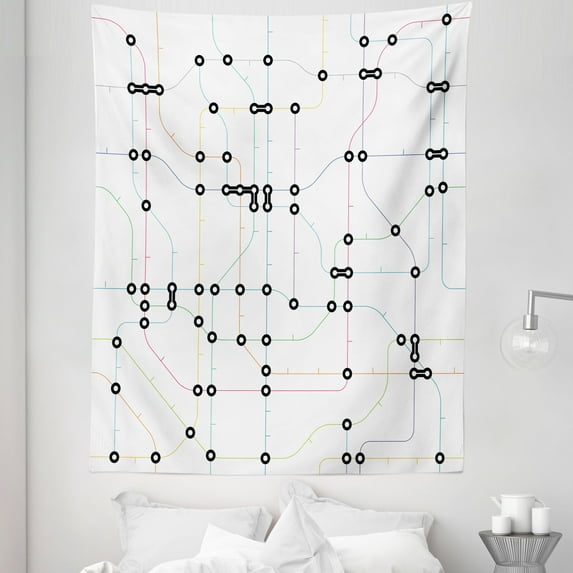 Map Tapestry, Colorful Thin Lines Metro Scheme Transportation Network Diagram Outline Urban City Life, Fabric Wall Hanging Decor for Bedroom Living Room Dorm, 5 Sizes, Multicolor, by Ambesonne