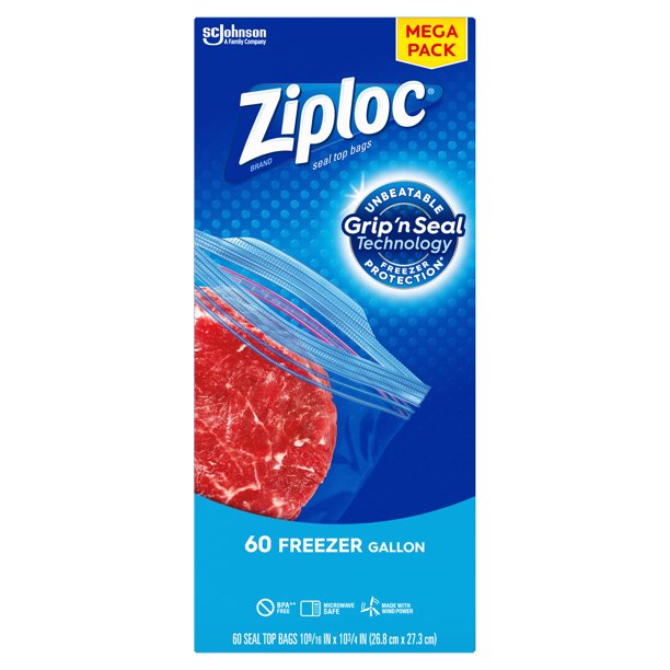 Ziploc Brand Freezer Gallon Bags with Grip 'n Seal Technology, 60 Count