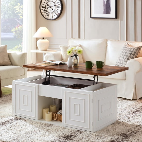 ROGALIS 48" White Lift Top Coffee Table with Large Storage, Rectangular Wood Center Table for Living Room