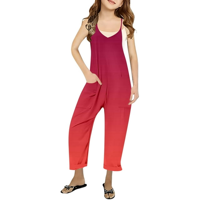 MIASHUI Combinaison pour Filles à Col en V Sans Manches, Décontractée, Pantalon Long, Rouge, 11-12 Ans
