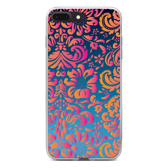 DistinctInk Clear Shockproof Hybrid Case for iPhone 7 PLUS / 8 PLUS (5.5" Screen) - TPU Bumper, Acrylic Back, Tempered Glass Screen Protector - Pink Orange Blue Flower Floral