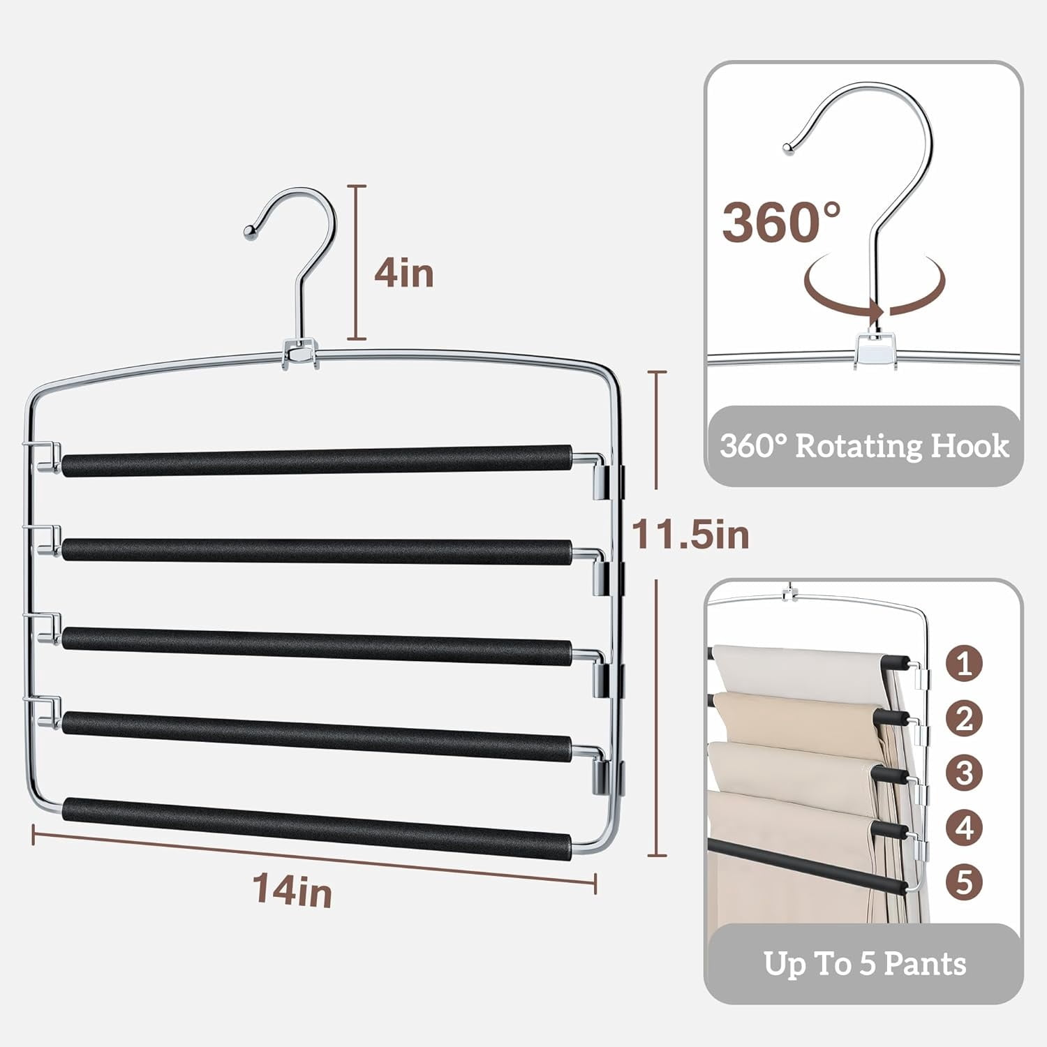 Manss Pants Hangers, 3 Pack Anti-Slip Space Saving Hangers, 5 Layer Swing Arm Pants Hanger Stainless Steel with Non-Slip Padding, Closet Organizers & Storage(Black)
