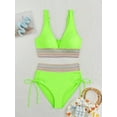 thumbnail image 3 of Women Tummy Control Swimsuits Color Block Two Piece Drawstring Bathing Suit Fluorescent Green L, 3 of 7