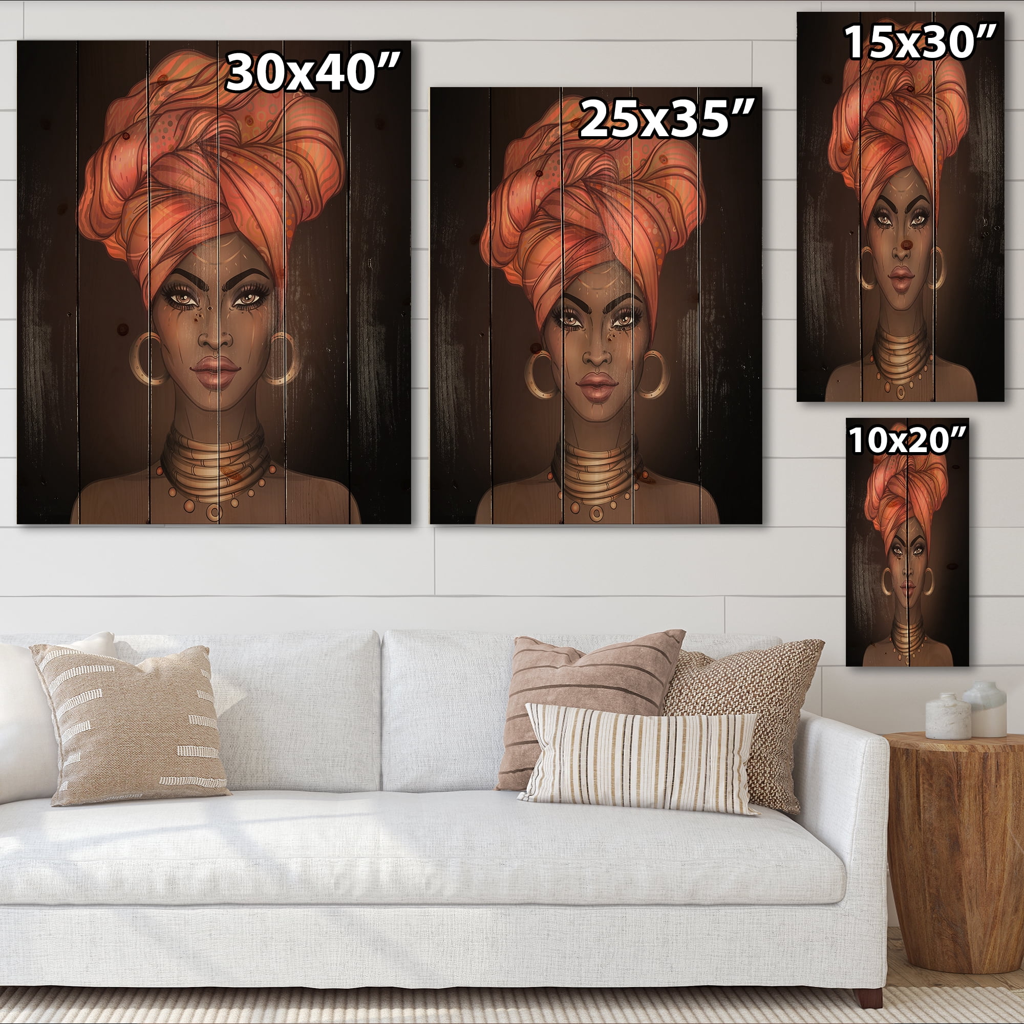 Designart 'African American Woman Portrait with Turban V' Modern Print on Natural Pine Wood