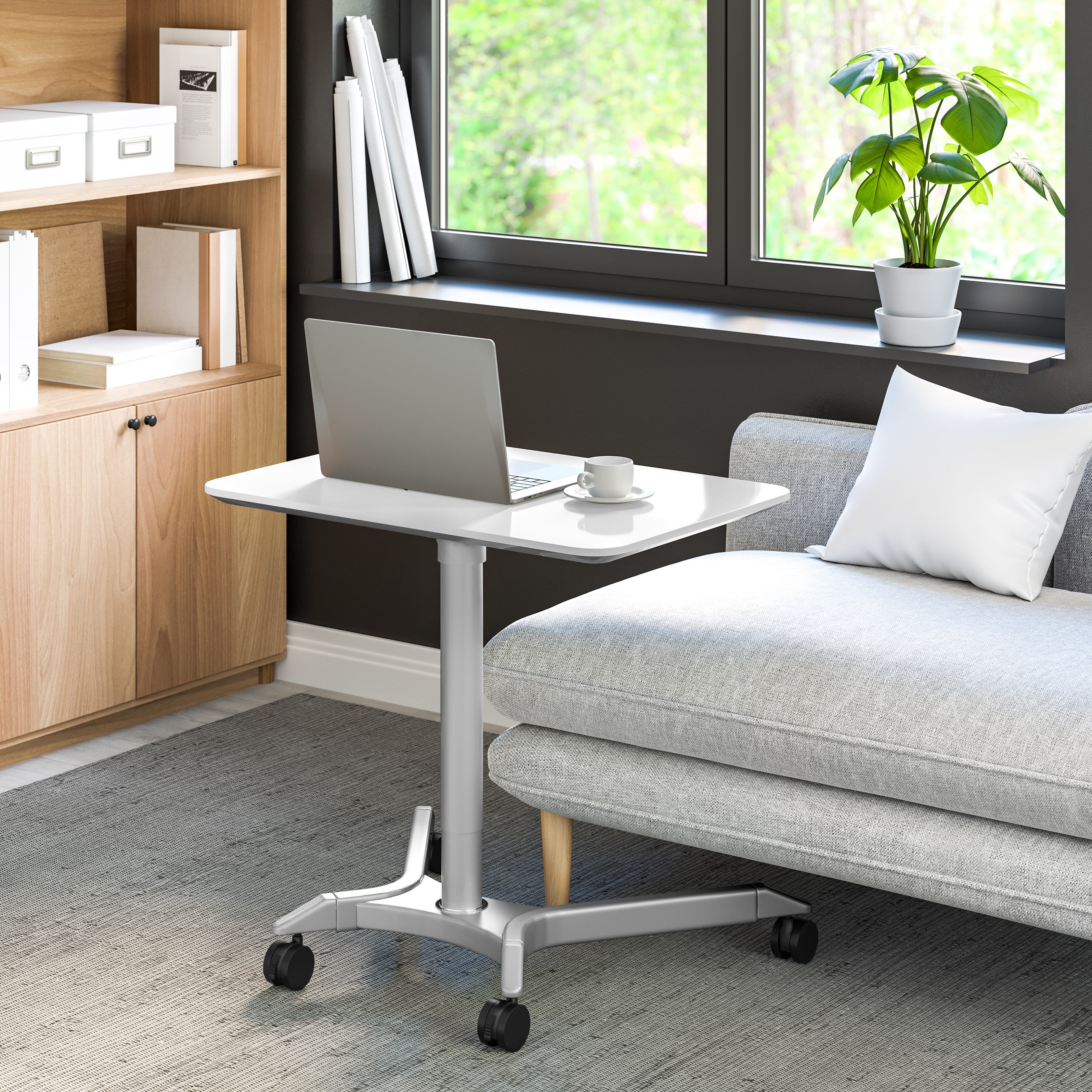 Seville Classics Air Lift Sit-Stand Rolling Height Adjustable Pneumatic Mobile Desk Cart with Wheels, White