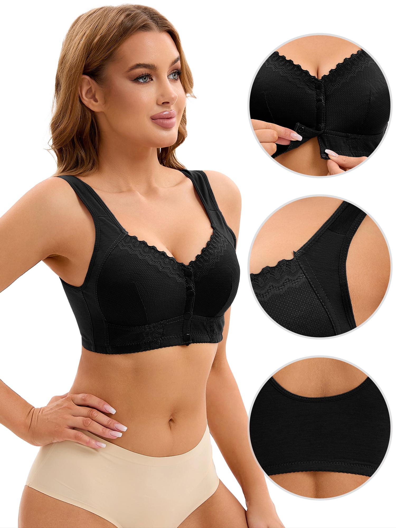 DARING DIVA Women's Full Coverage Lace Front Closure Vest Sports Bras Black L