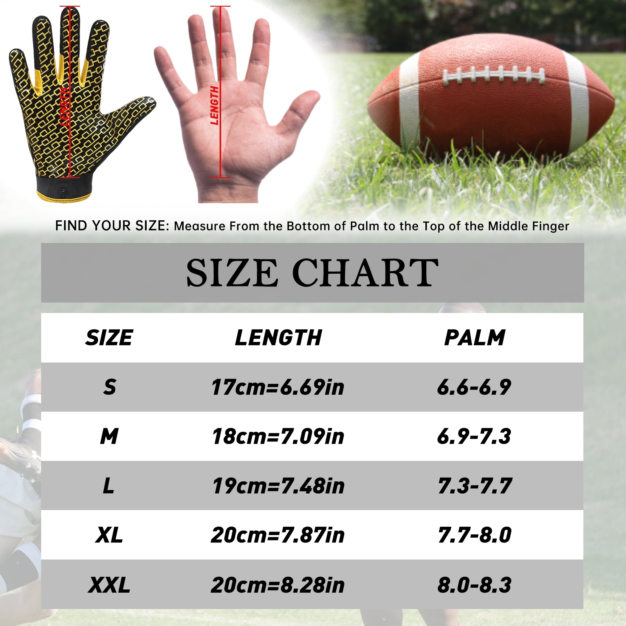 American football sales gloves size chart