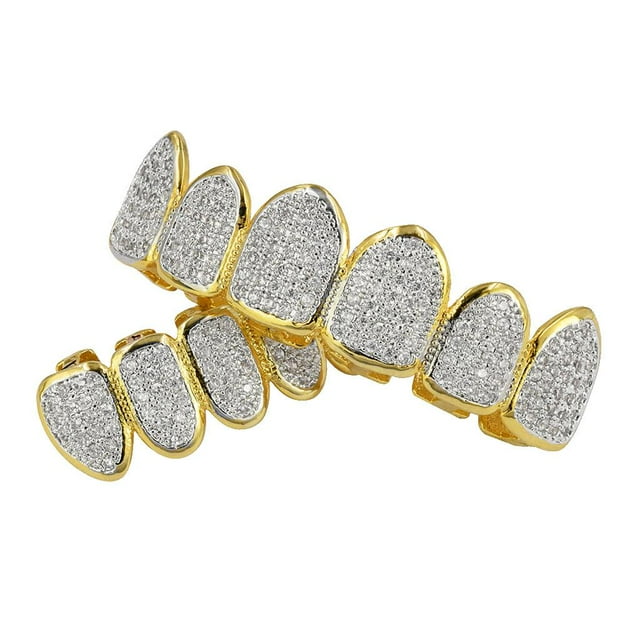 Grillz de dientes de boca personalizado con parte superior e inferior de circonita 3A chapada en oro de 18 quilates, estilo hip hop