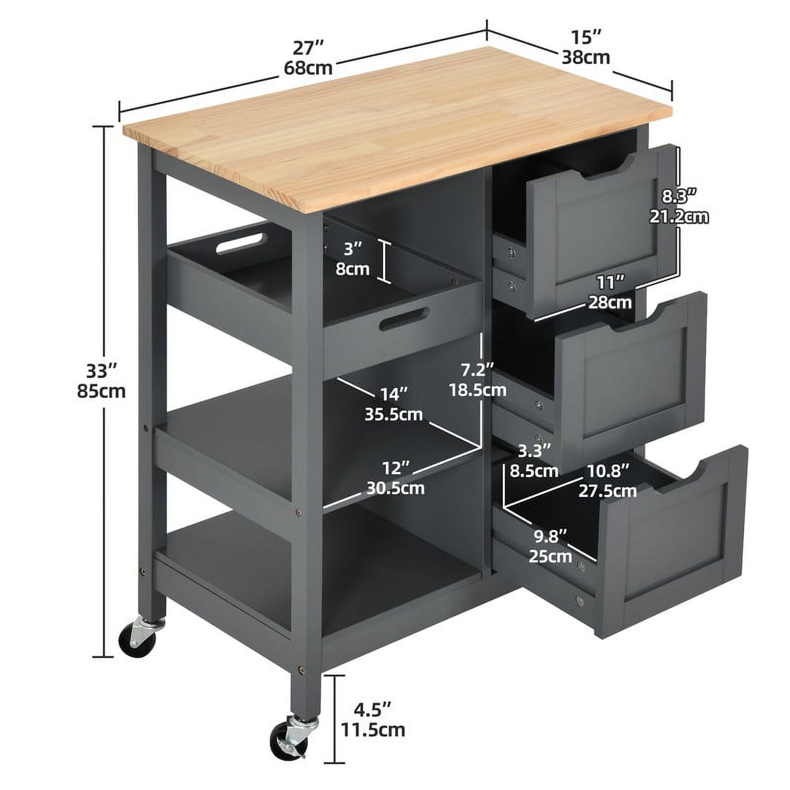 DWVO 3 Tier Kitchen Island Cart with Storage, Rolling Kitchen Cart with Large Countertop, Opening Shelves and Drawers for Kitchen Dining Room, Gray