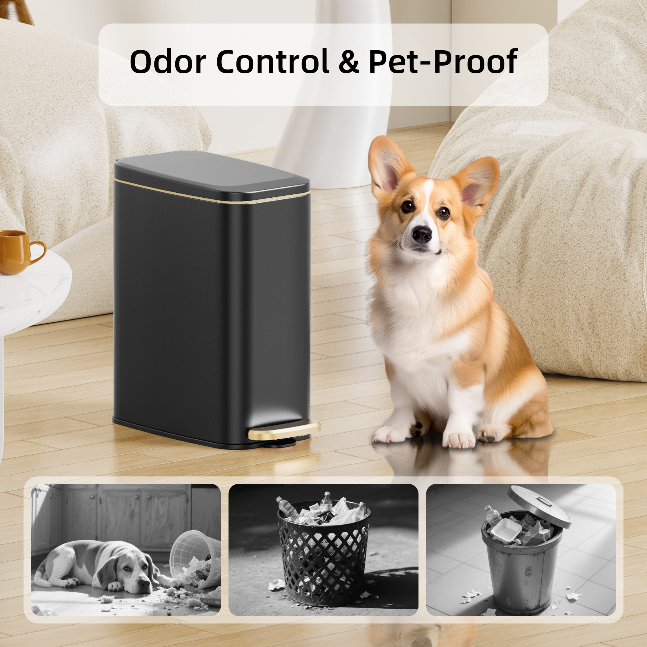 KSSKSS 1.6 Gallon/6L Small Bathroom Steel Step Trash Can, Soft-Close Lid & Fingerprint-Proof, Slim Wastebasket for Narrow Spaces (Black)