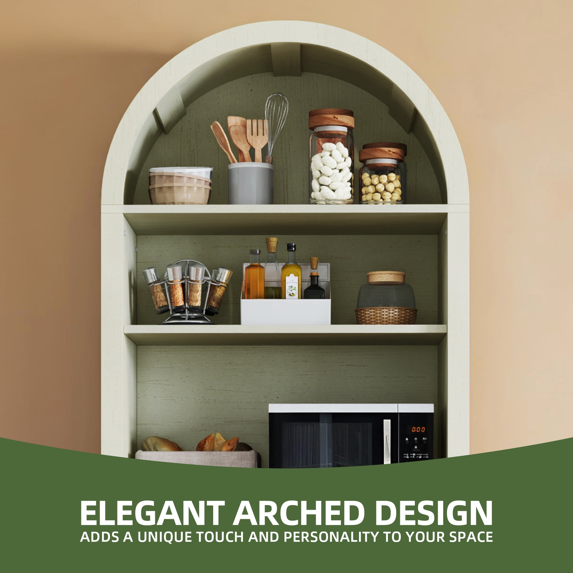 Uforic Arched Kitchen Pantry Cabinet, 73" Tall Farmhouse Wood Pantry Shelves with Charging Station, White