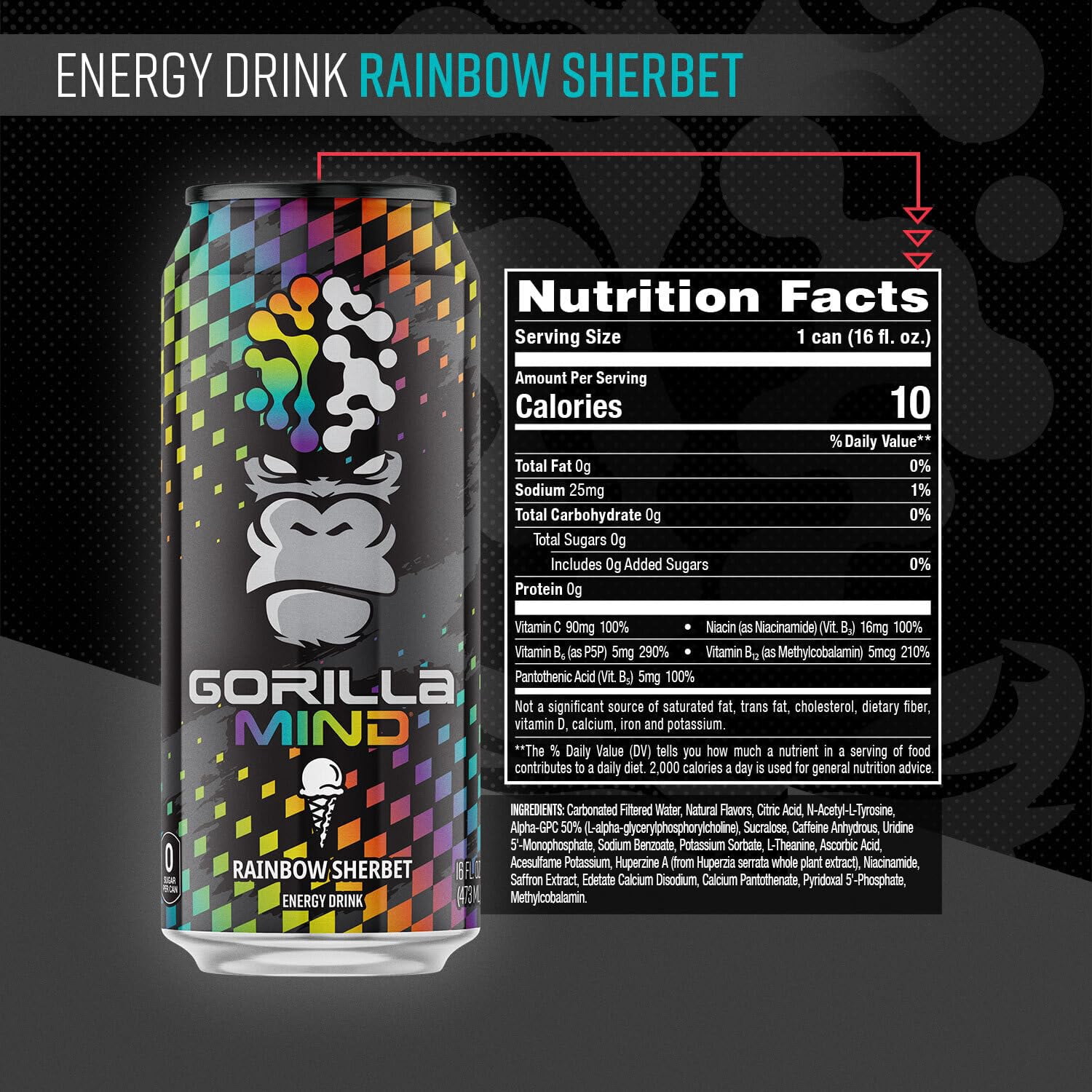 Gorilla Mind Energy Drink, No Sugar or Artificial Colors, Rainbow