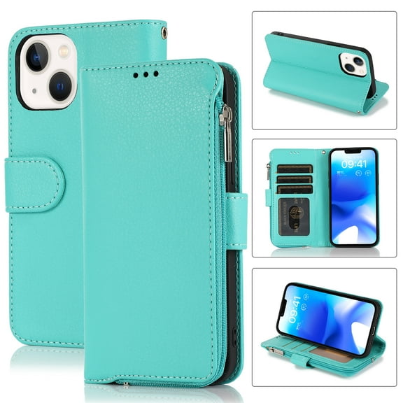 SaniMore iPhone 14 Plus 6.7" 2022 Case with Wrist Strap Zipper Wallet [Card Slots] Premium PU Leather Skin [Retro Durable] Shockproof Anti-scratch Kickstand Business Cover For iPhone 14 Plus, Green