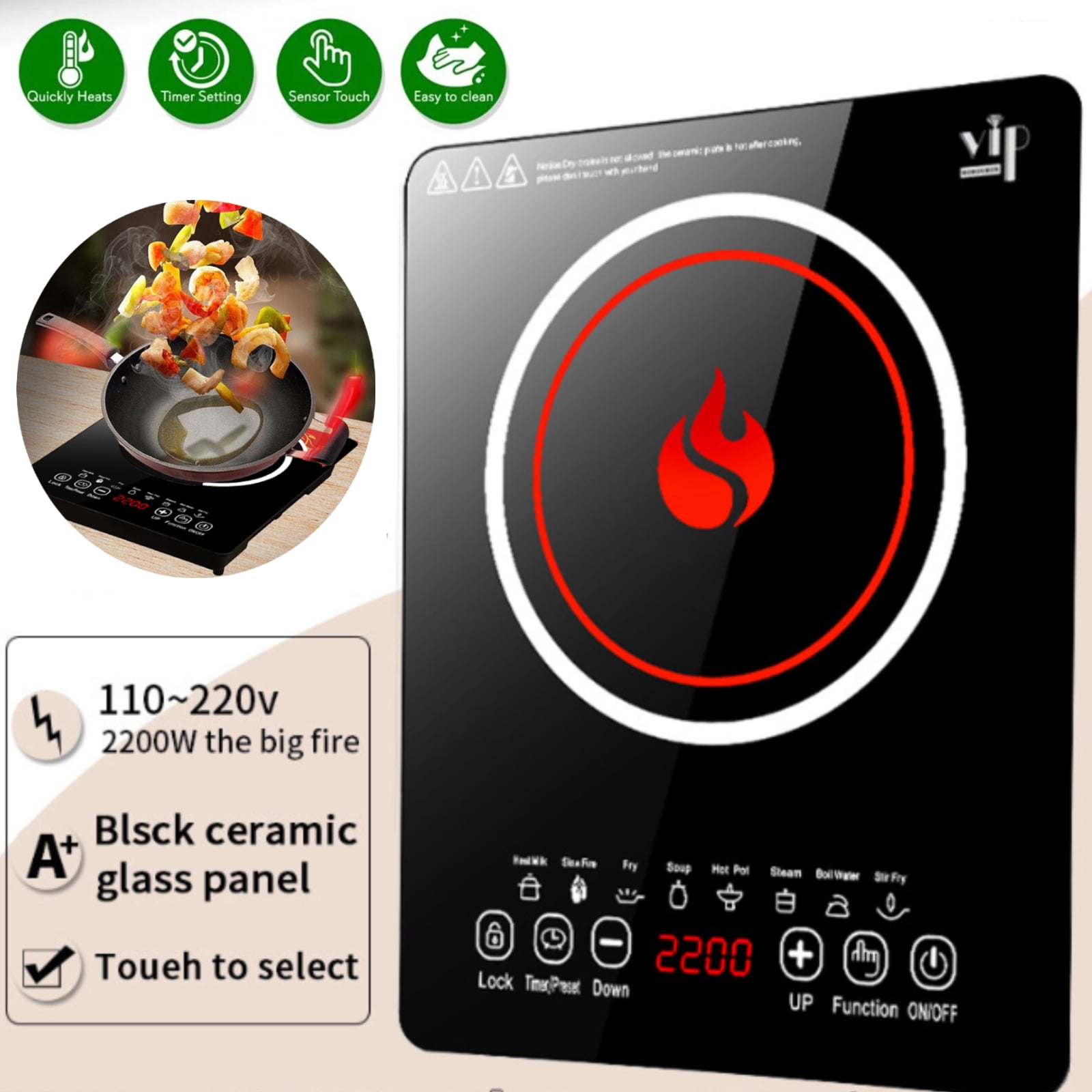 Hinzonek Multi-Function Induction Cooktop, 10 Power Levels Hot Plate, 2200w Electric Stove with Easy Clean Glass, 8 Modes Sensor Touch Cooker