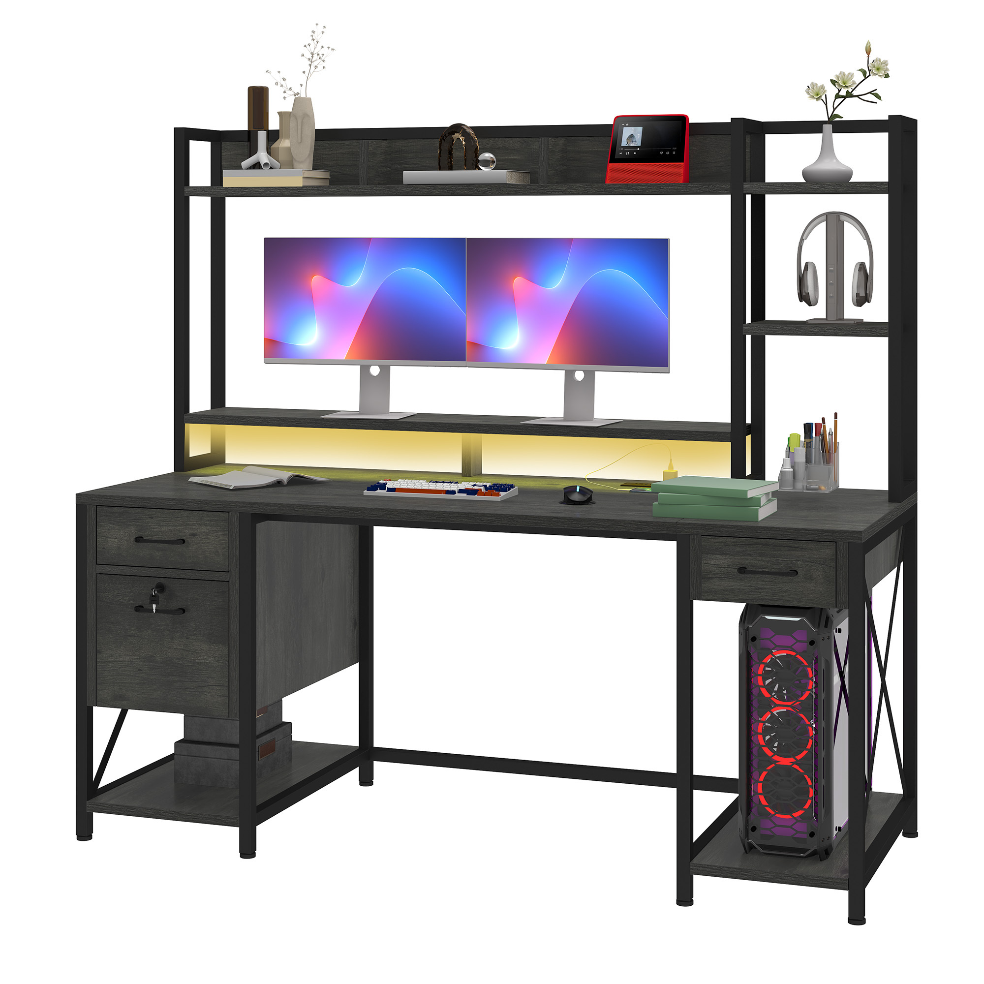 Uforic 59.1 Inch Rustic Brown Computer Desk with Hutch & Drawers with RGB LED Light Strip Multi-Shelf Storage with Sturdy Metal Frame, Gray