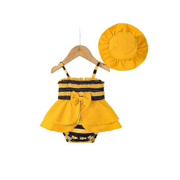 Mikrdoo Baby Girls Summer Bee Pattern Smocking Straps Triangle Romper Dress with Hat 2Pcs Cute Clothes 3-6 Months Yellow