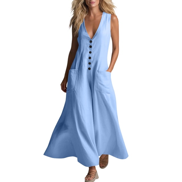 JMYHOAM Robes pour Femmes Robes d'Été pour Femmes Robe Débardeur en Lin Ample avec Poches Manches Trois-Quarts Longue Robe, Bleu, P-TTG