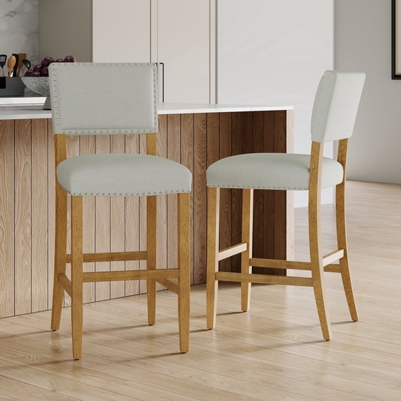 FFZ Set of 2 Fabric Barstools with Rivet Detail and Rubberwood Frame, 18.5 x 22.25 x 44.5 inch, Beige