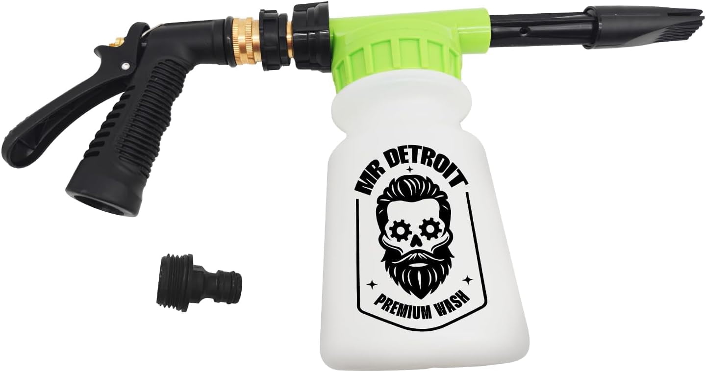 Mr. Detroit - 4pc Car Wash Kit with Foam Blaster, 64oz Car Wash Soap, Chenille Car Wash Glove, Drying Towel, Scratch-Free Foam Cannon Streak-Free Exterior Cleaning for Auto Detailing & Home Use