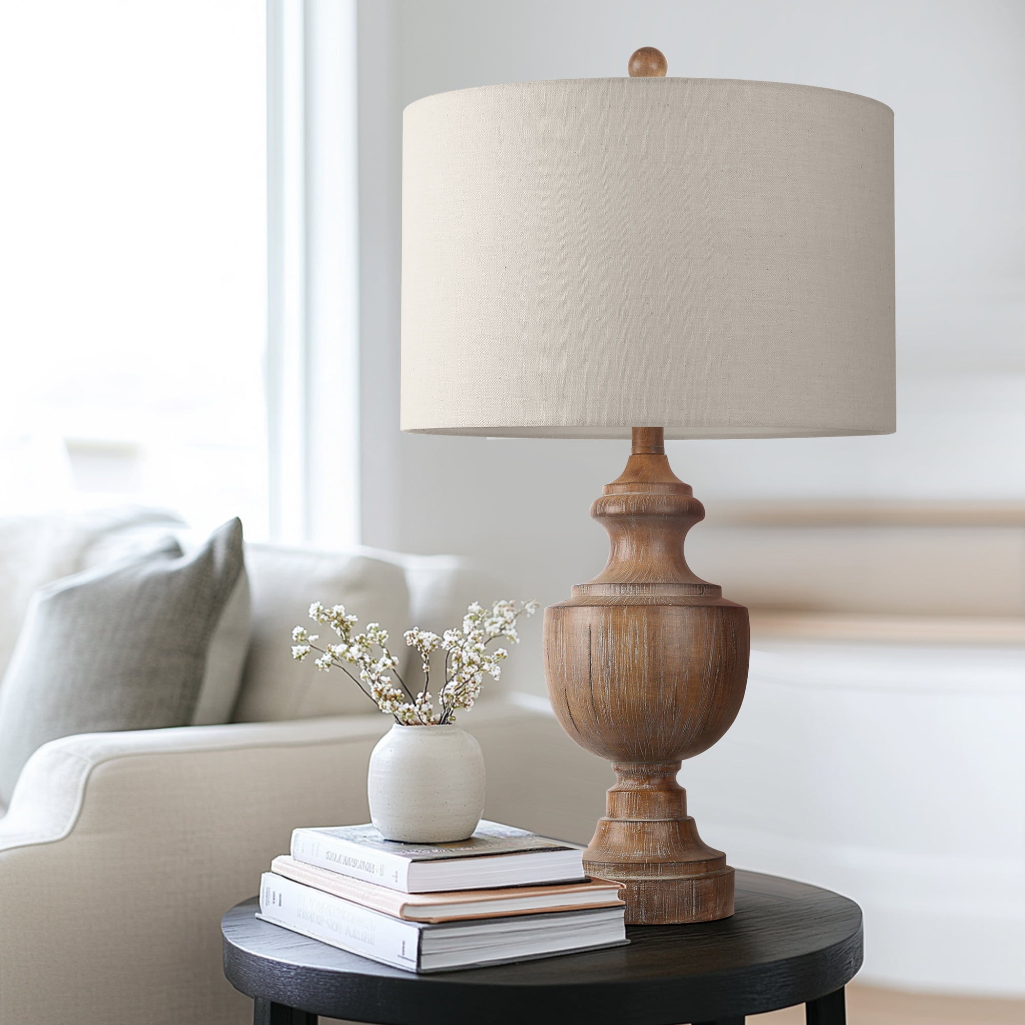 26.8" Large Brown Resin Table Lamp, Farmhouse Bedside Lamp Trophy Shaped End Lamp with Linen Shade 9W LED Bulb for Living Room Study