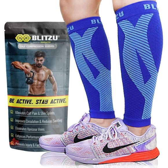 Calf Compression Sleeves. Footless Compression Socks for Women, Men, Runners, Nurses. Shin Splint, Varicose Vein & Calf Pain Relief. Calf Guard Great for Running, Cycling, Maternity, Travel Blue L-XL