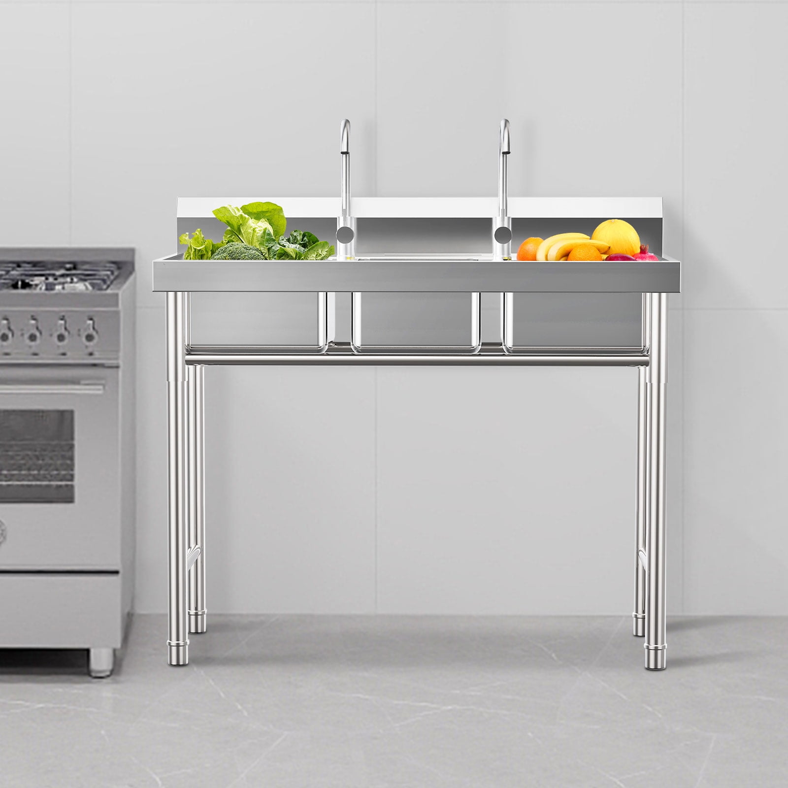 3 Compartment Commercial Utility Sink, 304 Stainless Steel Triple Bowl Sink with Drains, Heavy Duty Freestanding for Restaurant Kitchen Laundry
