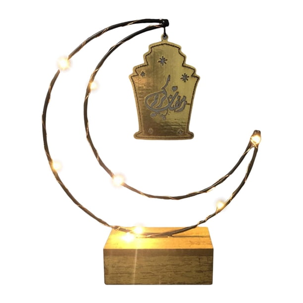 Decoraciones para Eid Ramadán Mubarak, luces LED, adornos tallados en madera, mesa hecha a mano Oro