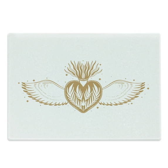 Alchemy Cutting Board, Monochrome Design Winged Heart with Flourish Abstract Crown Illustration, Decorative Tempered Glass Cutting and Serving Board, in 3 Sizes, by Ambesonne