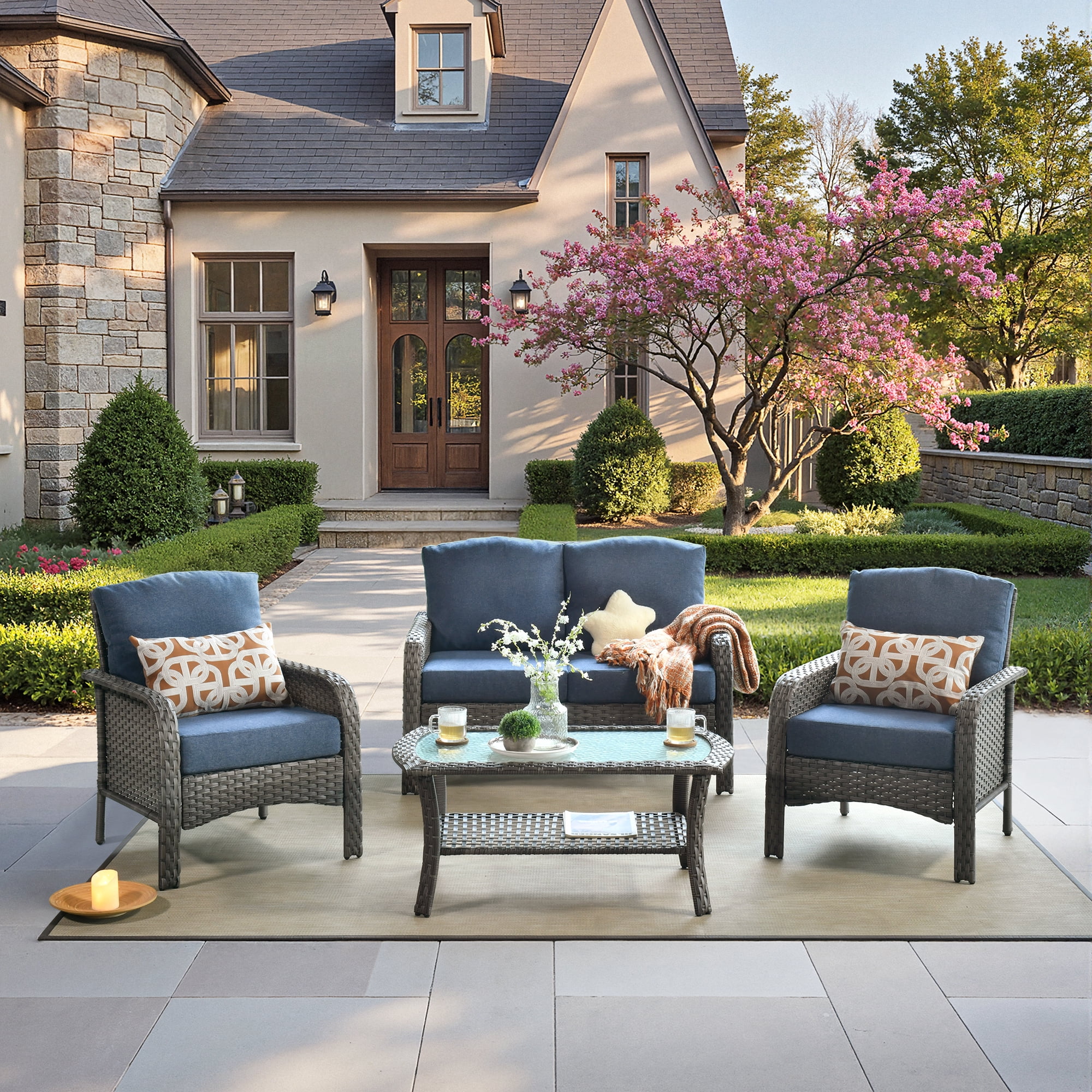 Vcatnet Patio Furniture Sets with Coffee Table 4 Pieces Sectional Sofa Rattan Wicker Outdoor Conversation Set with Loveseat Chair for Porch, Deck, Denim Blue