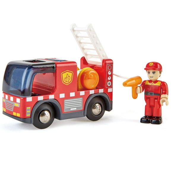 Hape: Light & Sound: Fire Truck With Siren - Red - Engine Toy Recue Vehicle, Firefighter Figurine, Hose Reel & Ladder, Kids Ages 3 