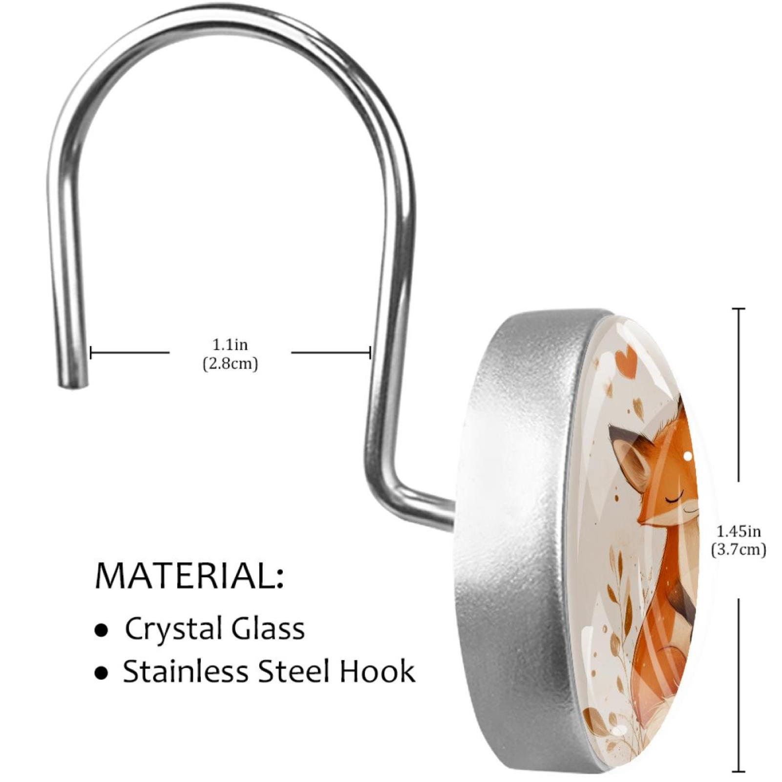 Foxes with Hearts Shower Curtain Hooks Round Crystal Glass, Set of 12 Shower Curtain Rings - Shower Hooks for Curtain Shower Rings