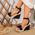 thumbnail image 3 of Rokment Bowknot Wedge High Heels Dressy Sandals for Women Bride Wedding Elegant Casual Suede Bow Espadrilles Platform Chunky Heeled Summer Dress Shoes Black Size 5.5, 3 of 6