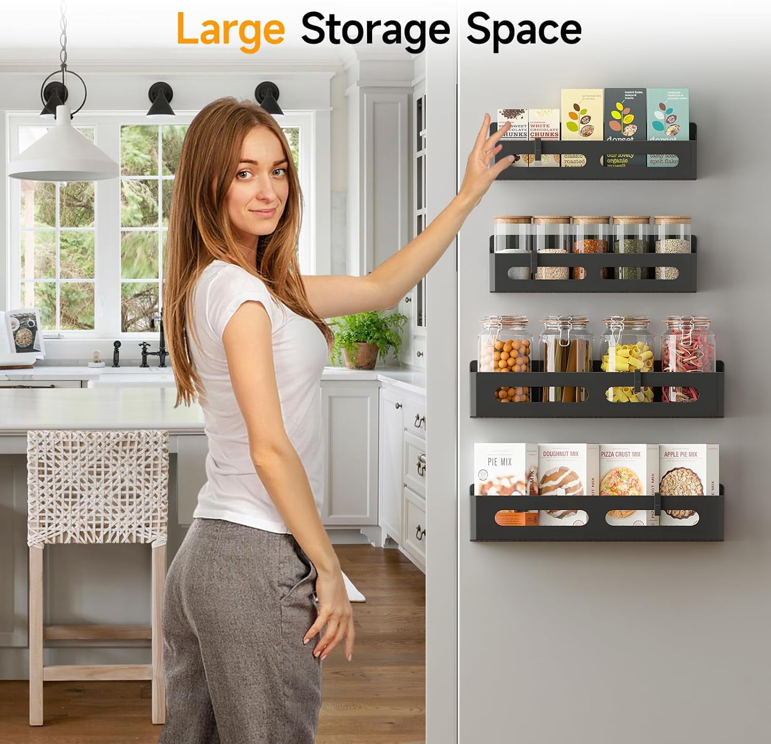 4 Pack Magnetic Spice Rack for Refrigerator - Strong Magnetic Shelves with Hooks, Metal Fridge Organizer for Kitchen Spice Storage, Space Saving Multipurpose Shelf, Black