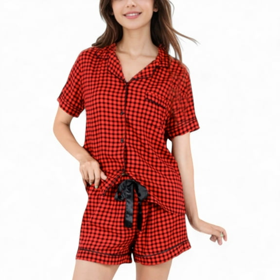 Women's Short Sleeve Button-Up Plaid Pajama Set with Drawstring Shorts - X Large, Red