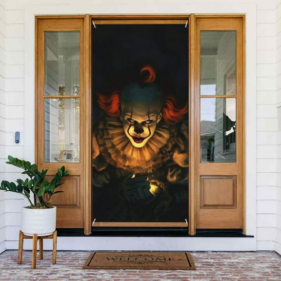 Door Banner Decorations Pennywise Porch Sign Banner Indoor Outdoor Wall Home Party Supplies 72.8 x 35.4 Inch