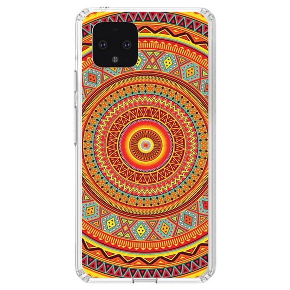 DistinctInk Clear Shockproof Hybrid Case for Google Pixel 4 (5.7" Screen) - TPU Bumper, Acrylic Back, Tempered Glass Screen Protector - Orange Teal Yellow Tribal Print
