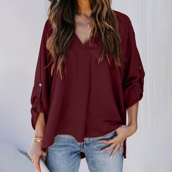 up to 60% off Gifts Usmixi Clearance Sale Womens Tops Womens Pullover Winter Lightweight Casual Loose Fit Ladies Plain Pullover Tops Fall Trendy Solid V-Neck Long Sleeve Blouses Shirts