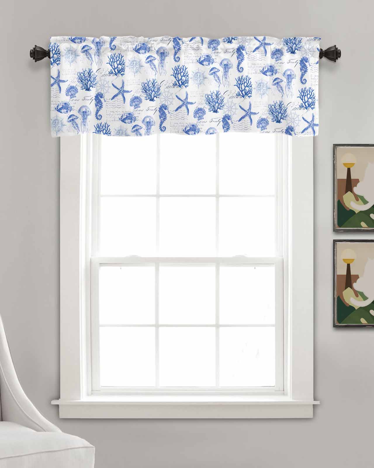 Blue Coastal Kitchen Valances for Windows Farmhouse Linen Window Valance Curtain for Living Room Window Treatment Ocean Nautical Coral Seahorse Starfish Valance Rod Pocket Topper Drape, 54 x 18 Inch