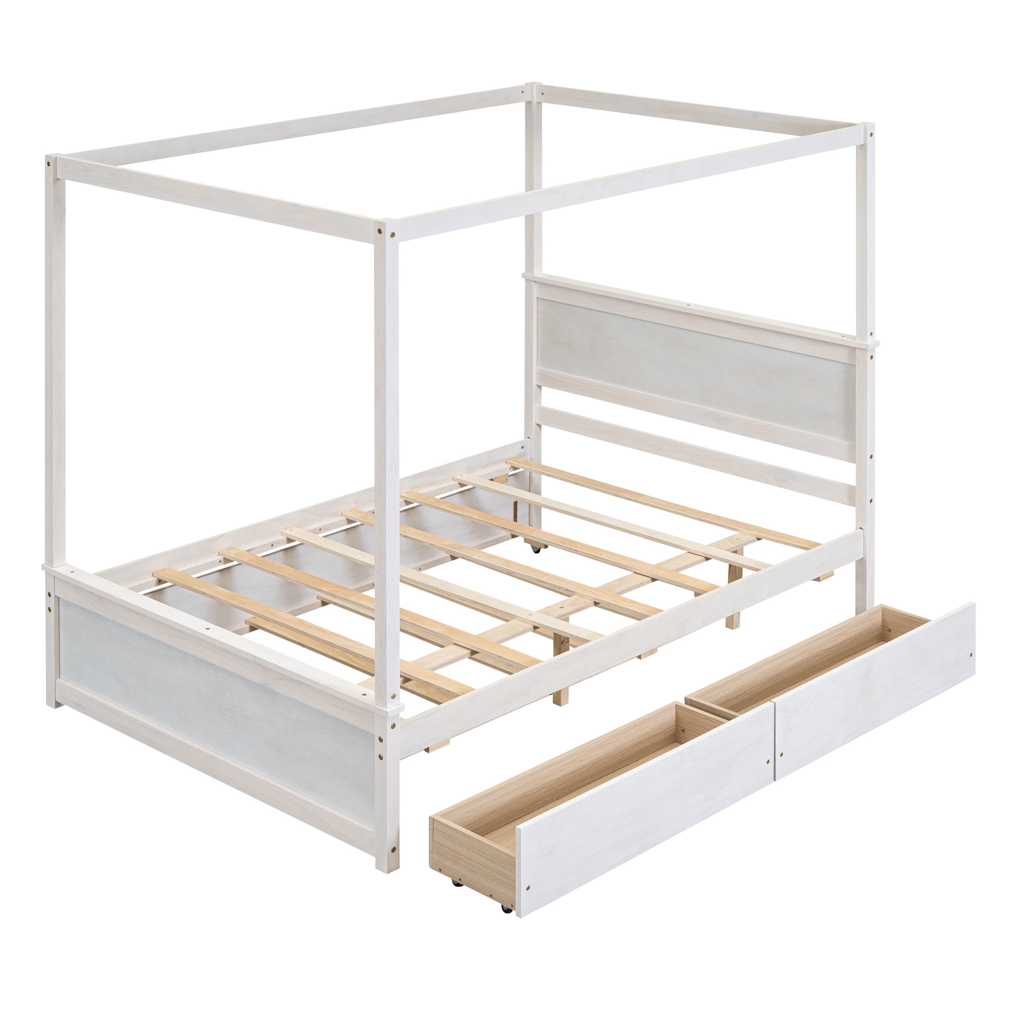 Aukfa Full Size Canopy Bed Frame with Trundle and 2 Storage Drawers, Wood Platform Bed with Headboard - White