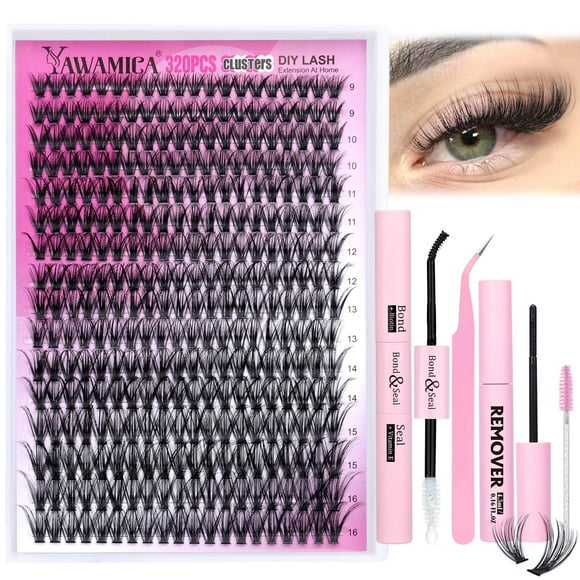 Kit de extensión de pestañas Yawamica, 320 unidades, Lash Clusters D Curl