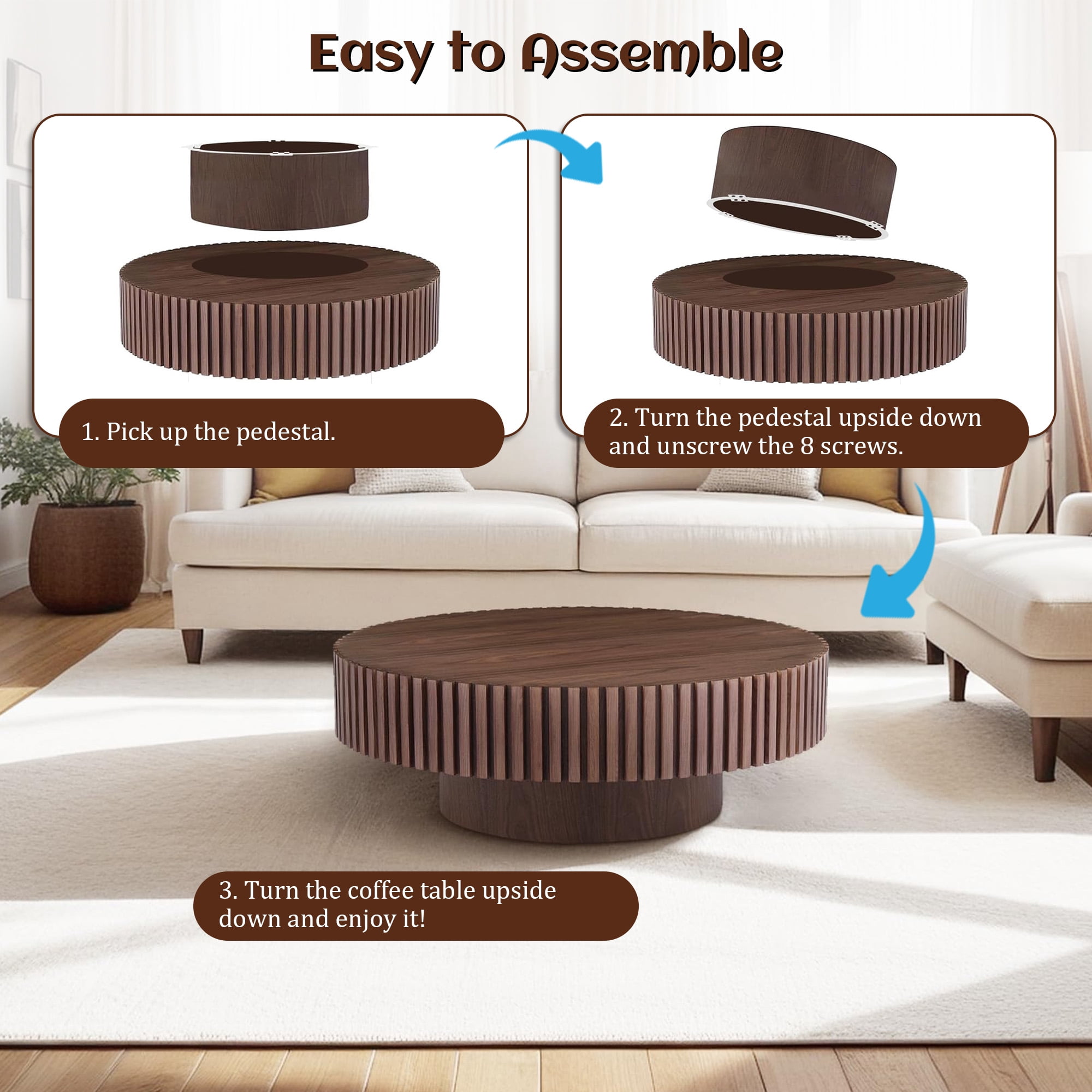 FFH 31.5" Round Coffee Table for Living Room,Rustic Modern Coffee Table with Sturdy Pedestal,Nature Wood Handcraft Corner Coffee Table,Circle Side Table Centre Table for Apartment,Walnut