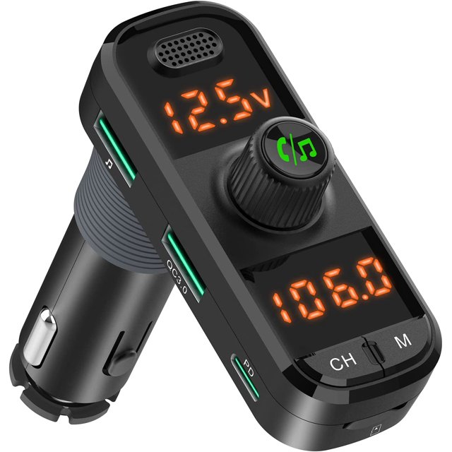 Receptor de radio para coche con transmisor FM Bluetooth 5.0 con 2 micrófonos, cargador de coche PD QC 3.0 de 41 W con llamadas manos libres RV