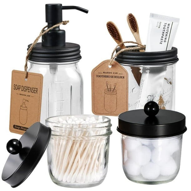 Amolliar Mason Jar Juego de accesorios de baño (4 piezas) Dispensador de jabón de loción y soporte para hisopos de algodón y soporte para cepillo de dientes Decoración rústica de casa de campo, ta