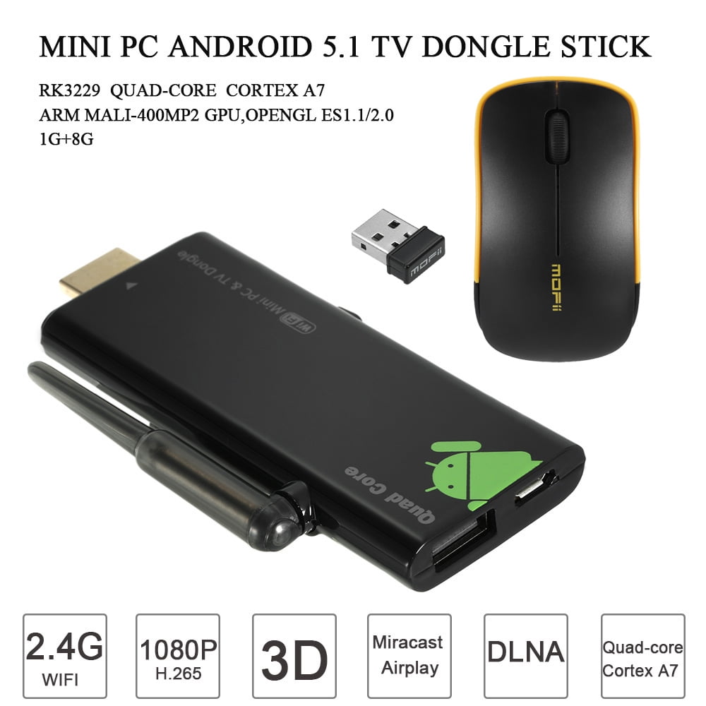 sammentrækning Rubin sympatisk Docooler V21 Mini PC Android 5.1 TV Dongle Stick Quad-core RK3229 1G / 8G  BT Miracast DLNA Airplay WiFi - Walmart.com