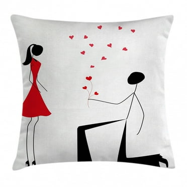 Engagement Party Decorations Throw Pillow Cushion Cover, Modern Minimalist Design Couple with Heart Flowers, Decorative Square Accent Pillow Case, 18 X 18 Inches, Black White and Red, by Ambesonne