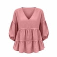 thumbnail image 3 of Guluxicc Women's Linen Blosures Loose Ruffled Bottom V Neck Short Bubble Sleeve Tops for Everyday Wear Spirng Summer Casual Outfits, 3 of 5